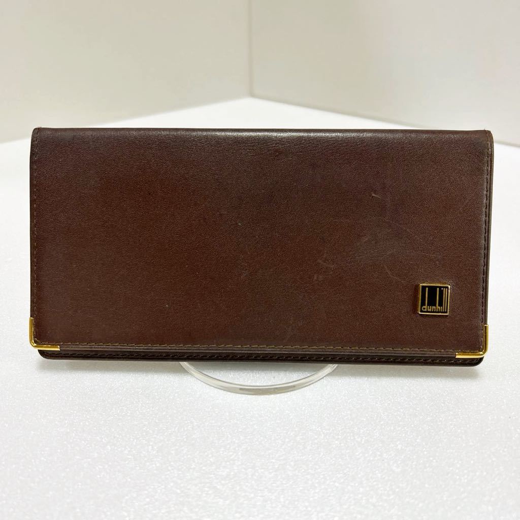 ◆dunhill ダンヒル◆ スリム 長財布　二つ折り　本革　小銭入れ無し　ゴールド金具　ダークブラウン　MADE IN SPAIN 【USED】0202A