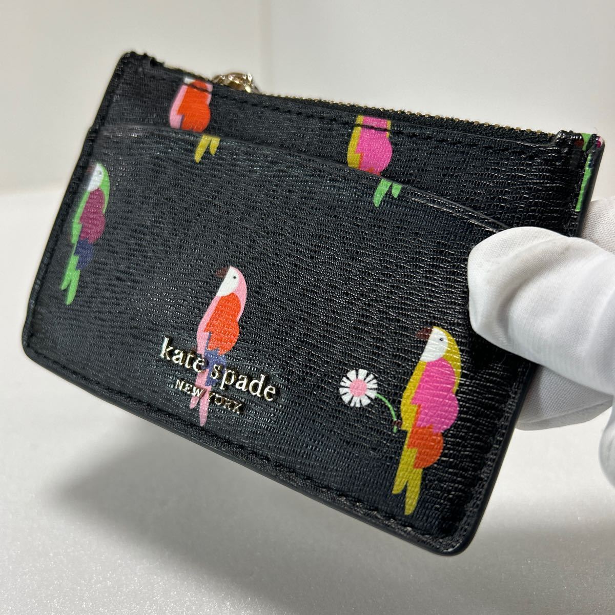 ☆良品☆ ◆kate spade ケイトスペード flock party◆ コインケース　パスケース　リストレット　キーリング付　ブラック 【USED】0227