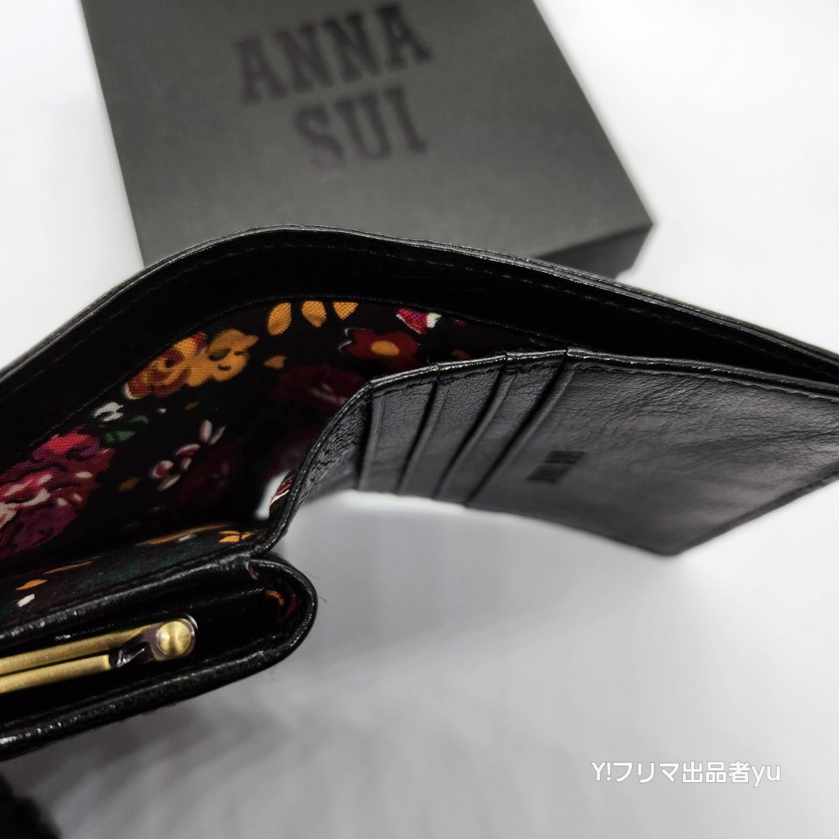 新品  ANNA SUI ルビー ガマ口 二つ折り 財布 ブラック 黒 薔薇 バラ 未使用 アナスイ