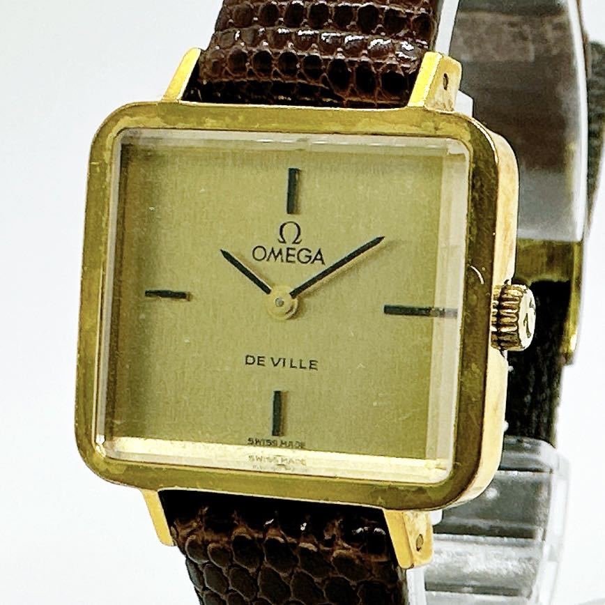 02084 オメガ OMEGA 稼働品 デビル DE VILLE カットガラス 腕時計 手巻き ゴールドカラー スクエア アンティーク ヴィンテージ_画像1