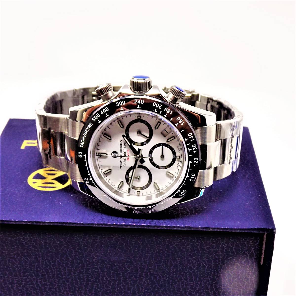 送料無料・新品・パガーニデザイン・セイコー製VK63クロノグラフ式腕時計 ・オマージュウオッチ・ステンレスモデル・ホワイト文字盤文字盤_画像9