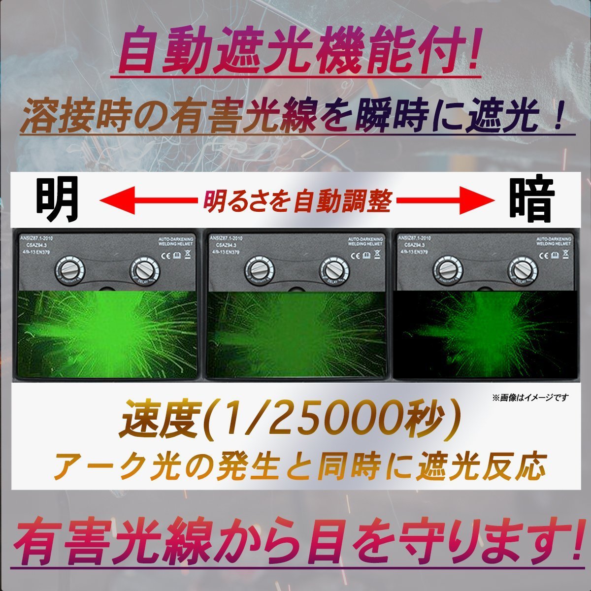 自動遮光溶接面 アーク対応 遮光速度1/25000秒 ソーラー電池 溶接用 遮光面 溶接機 溶接マスク MSTS１_画像2