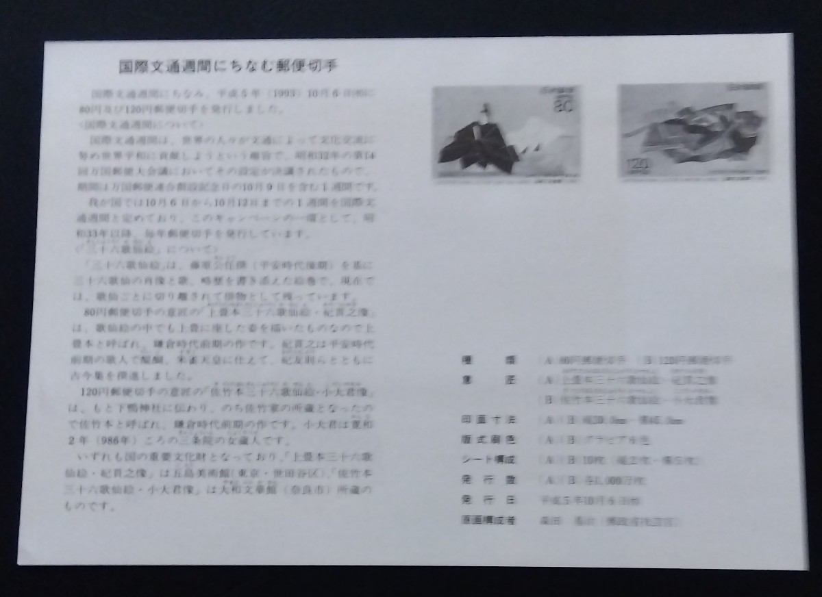 1993年・特殊切手-国際文通週間80円120円シート(解説書付)_画像4