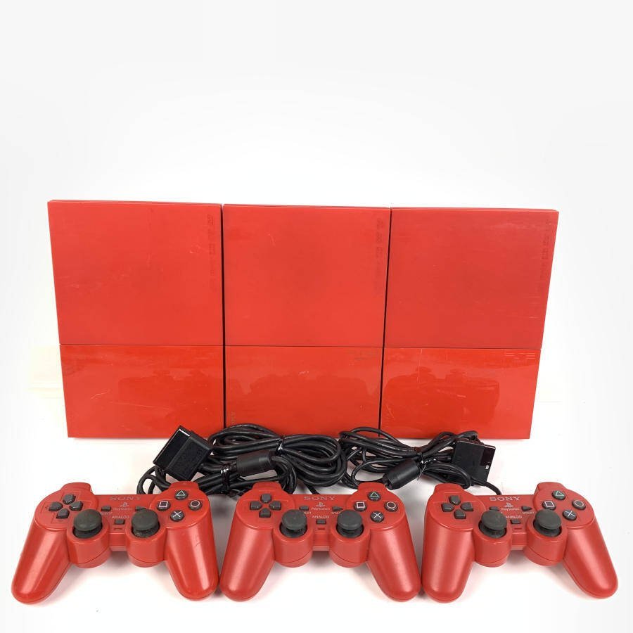 SONY ソニー PS2 PlayStation2 90000番 赤 ゲーム機本体 + 純正コントローラー 3台セット＊ジャンク品【GH】_画像1
