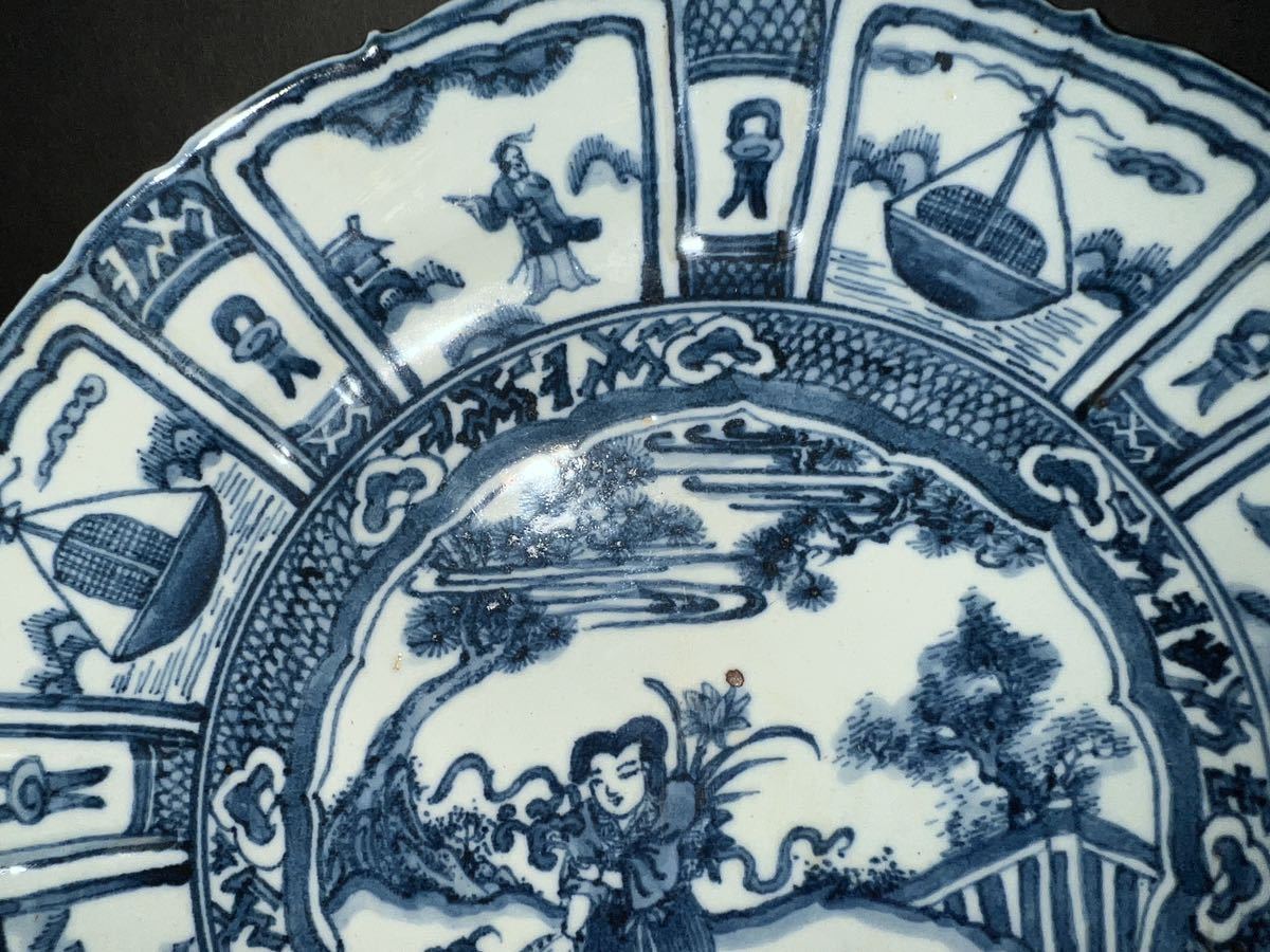 唐物 中国明代 古董 深皿 染付 幅:28cm 高:3.5cm