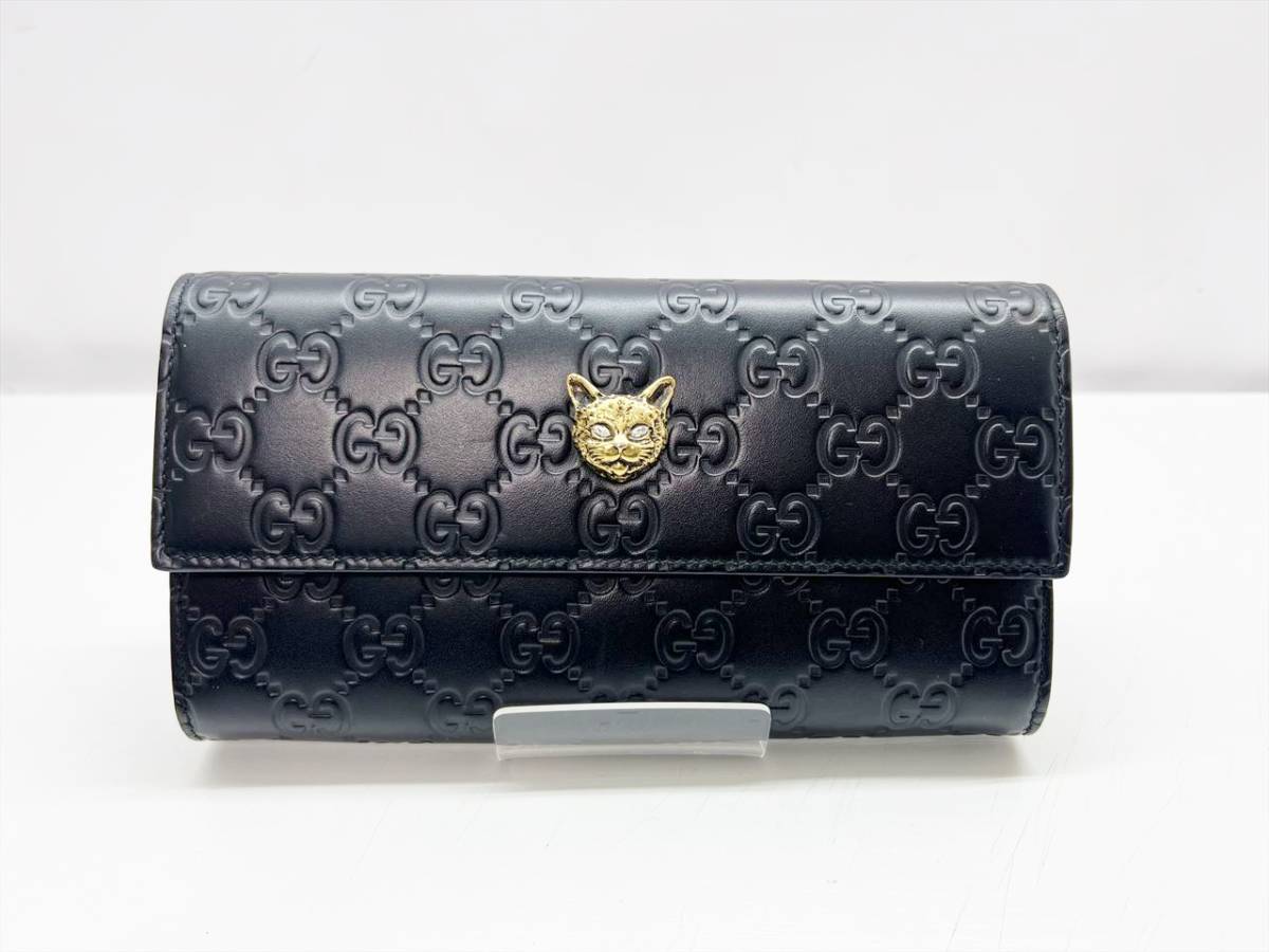 レア 美品 GUCCI グッチ シマ リネアキャット 二つ折り長財布 黒 レア 美品 GUCCI グッチ シマ リネアキャット 二つ折り長財布 黒