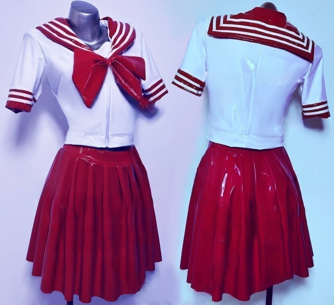 超光沢 セーラー風トップス、プリーツスカート 学生制服 仮装 キャバ嬢 コスチューム 上下セット(ホワイト×レッド)ＸＸＬ_画像1