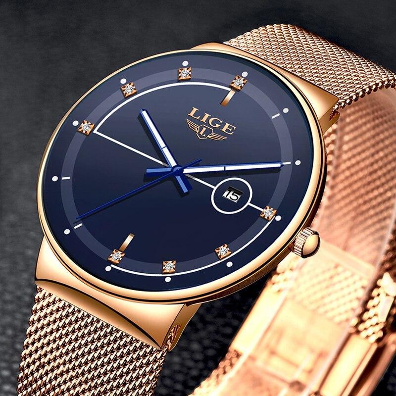 Ligeファッションメンズ腕時計トップブランドの高級超薄型クォーツ時計男性のためのストラップ防水金時計レロジオmasculino_画像2