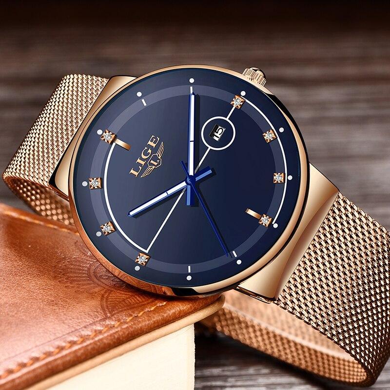 Ligeファッションメンズ腕時計トップブランドの高級超薄型クォーツ時計男性のためのストラップ防水金時計レロジオmasculino_画像3