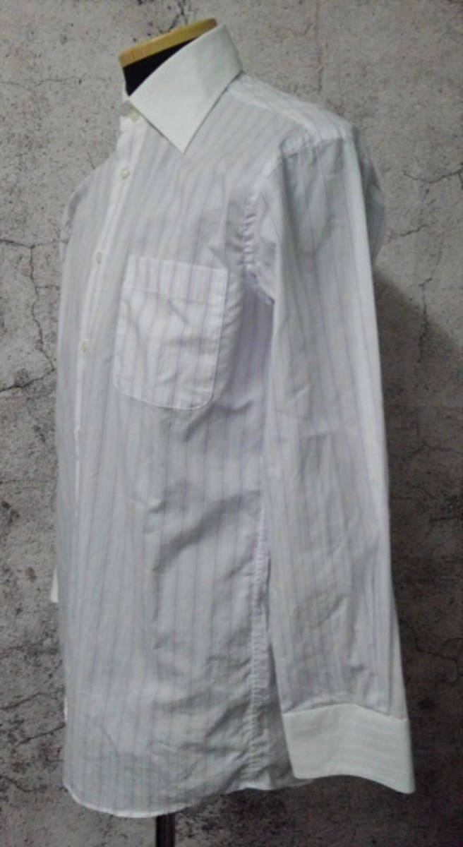 #80_0060 送料無料 【中古品】[MINAMI AOYAMA] 長袖ワイドカラークレリックシャツ メンズ M-82サイズ 白 紫　ストライプ柄_画像2