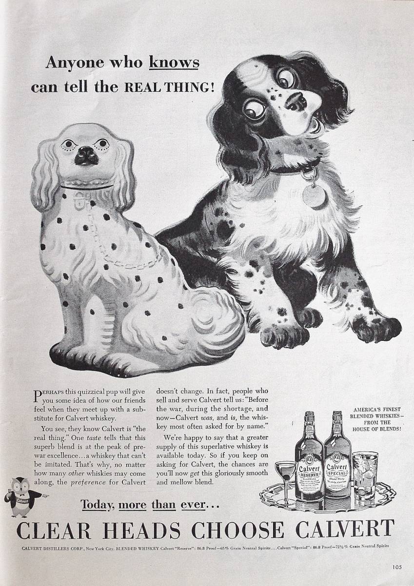 稀少！1944年Calvert広告/ウィスキー/酒/子犬/陶器の犬/36_画像1