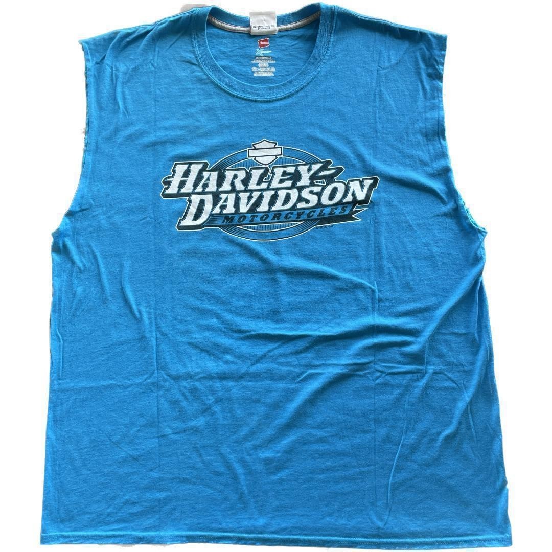 ハーレーダビッドソン ノースリーブ プリントTシャツ 2XL ブルー 水色 黒_画像3