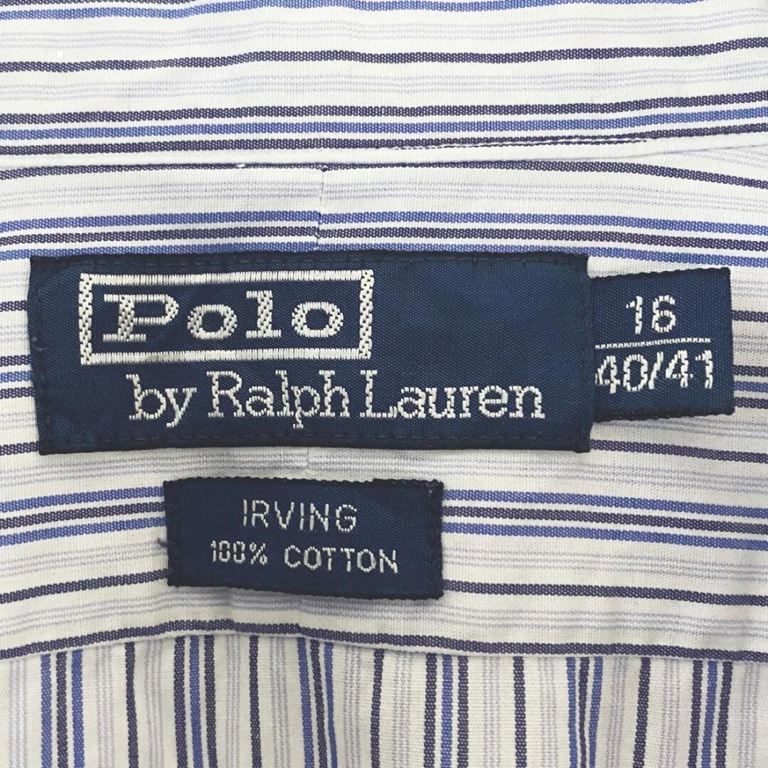 90s ポロバイラルフローレン ストライプシャツ ワイドカラー ブルー水色 L_画像6