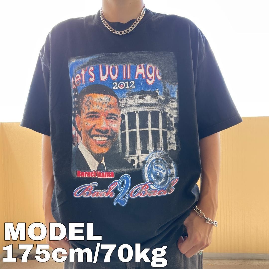 オバマ ビッグプリントTシャツ ひび割れプリント 黒ブラック 2XL メキシコ製_画像1