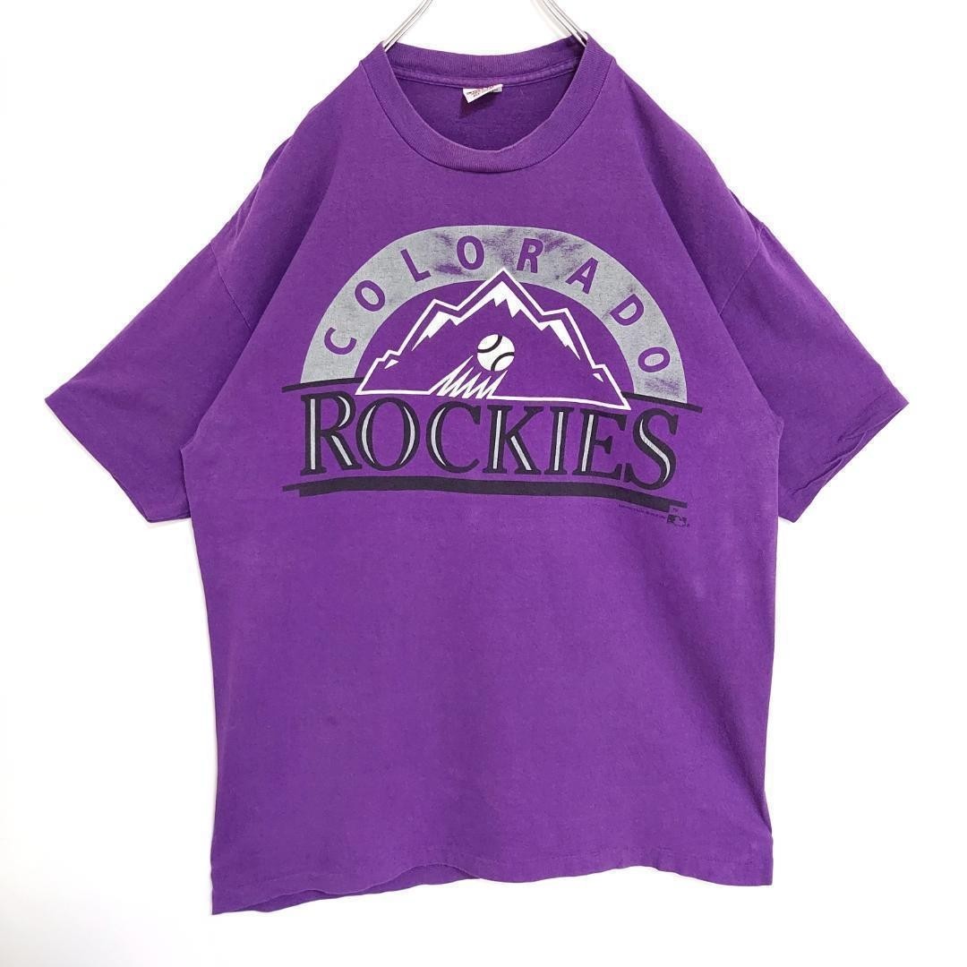 ロッキーズ ビッグプリントTシャツ 90s USA製 MLB XL 紫 白 黒_画像3