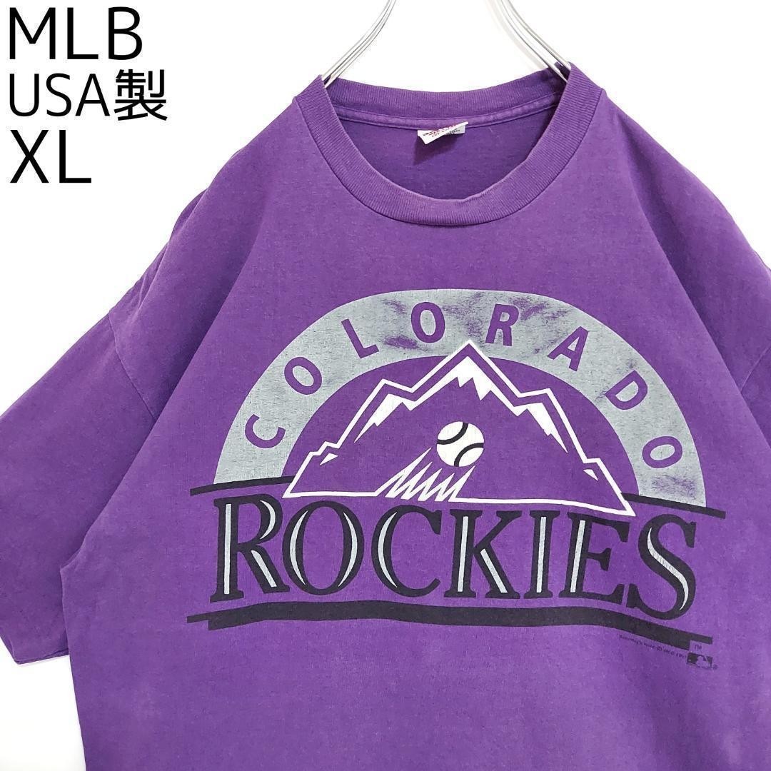 ロッキーズ ビッグプリントTシャツ 90s USA製 MLB XL 紫 白 黒_画像2