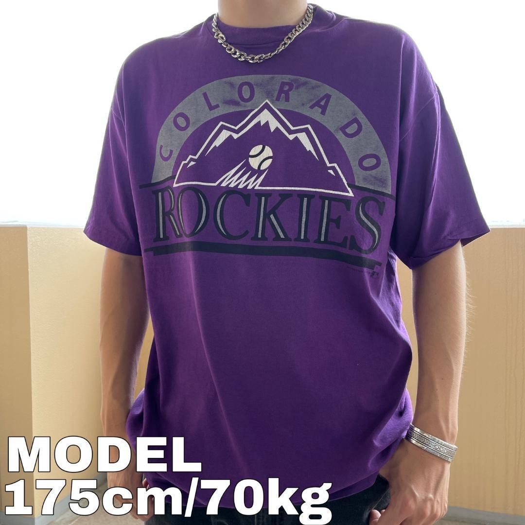 ロッキーズ ビッグプリントTシャツ 90s USA製 MLB XL 紫 白 黒_画像1