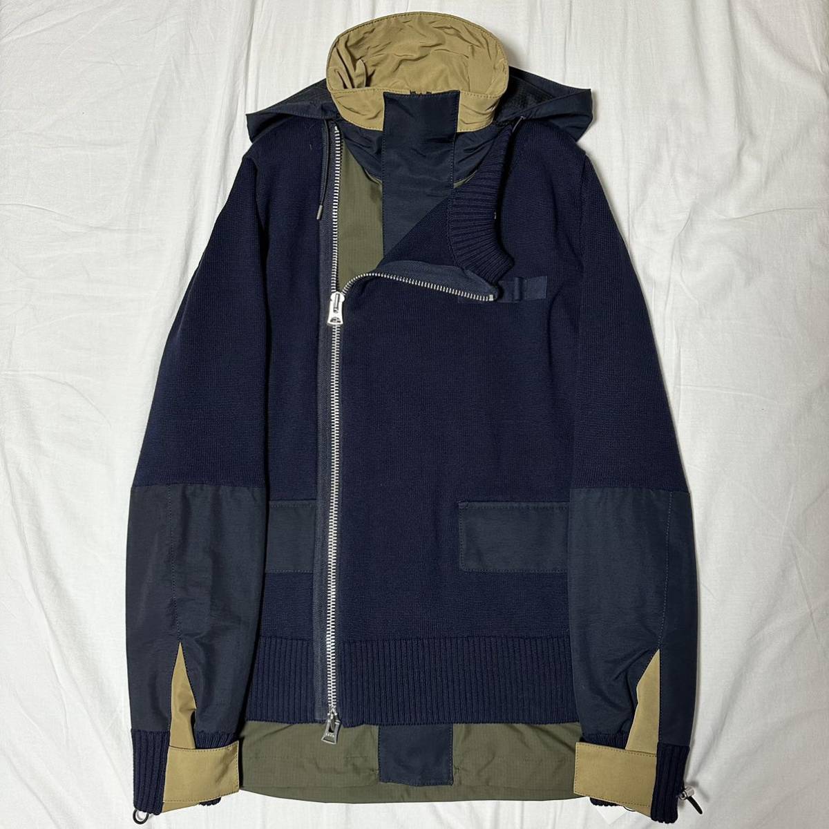 未使用品 定価¥107800 sacai 22SS Grosgrain Mix Blouson Size2 NAVY×KHAKI ブルゾン ジャケット コットン ニット スウェット パーカー_画像2