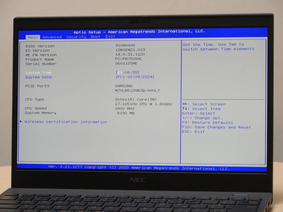 BIOS起動確認済み NEC LAVIE PM750/S PC-PM750SAL Core i7-10510U 8GB SSD512GB 現状_画像2