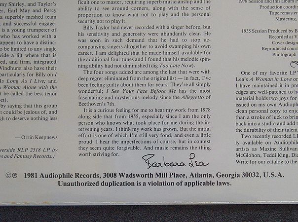 LP 未開封 新品 US輸入 AUDIOPHILE盤 BARBARA LEA「A WOMAN IN LOVE」1981年発売 AP86 バーバラ・リーの画像3