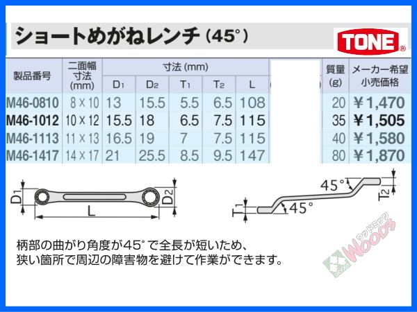 TONE-61 b-1円　ショートめがねレンチ 4本 セット M46 ショートメガネレンチ 45度 メガネ めがね トネ tone_画像7