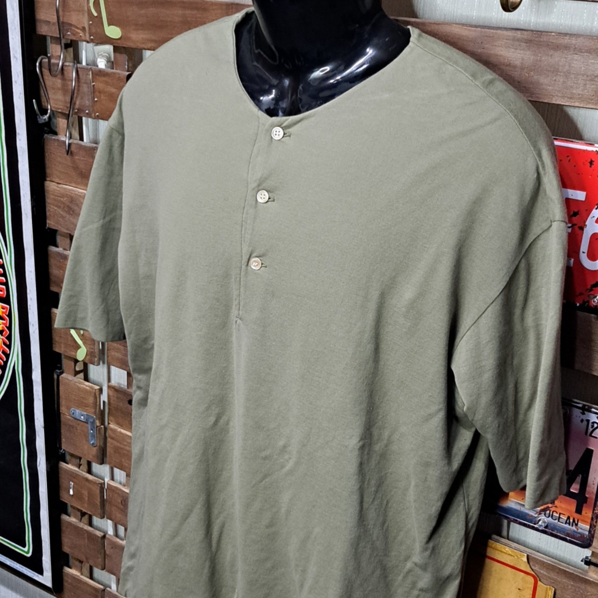 定価1.3万 AURALEE オーラリー ヘンリーネック ビッグTシャツ オーバーサイズ ビッグシルエット Ｍ カーキ グリーンの画像3
