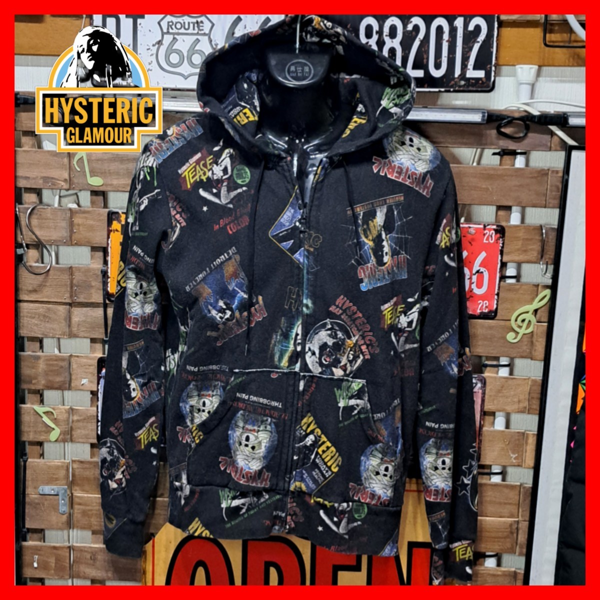 HYSTERIC GLAMOUR ヒステリックグラマー　総柄　メタルロゴ　プリント　ジップアップ　パーカー　L　ブラック　黒_画像1