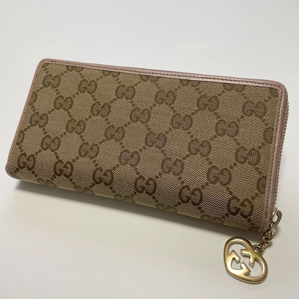 ★GUCCI グッチ ラウンドファスナー 長財布 GGキャンバス レザー ハート ピンクメタリック【鑑定済み 本物保証】