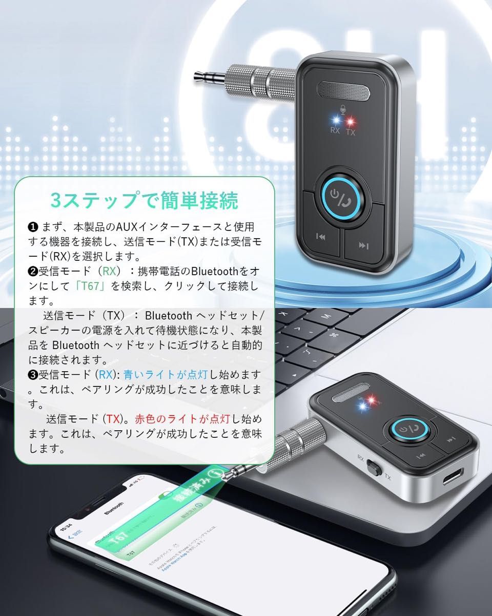 Bluetooth 5.3トランスミッター テレビ レシーバー 「一台二役 & 2台に同時接続 」ハンズフリー通話