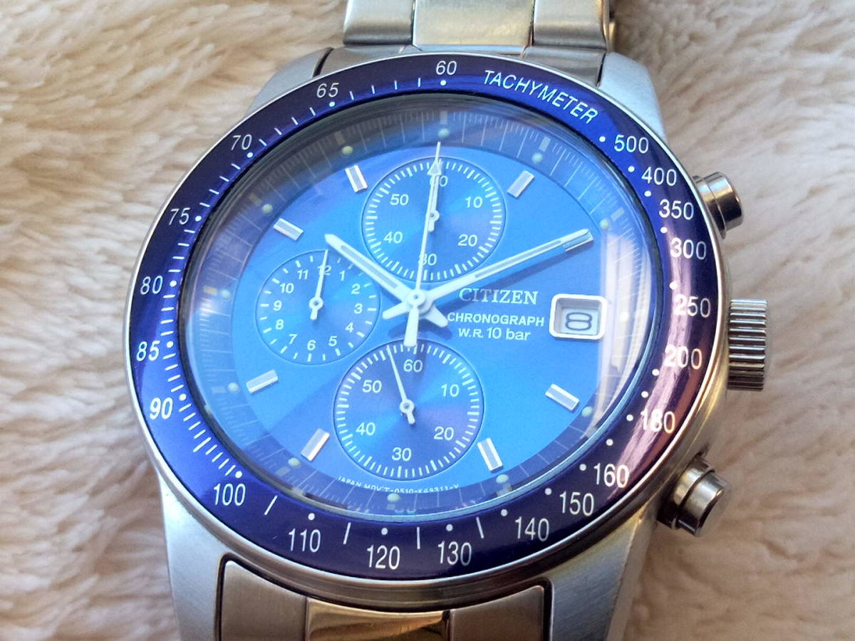稼働品　CITIZEN　シチズン 0510　オルタナ　クロノグラフ　メンズ腕時計　スピードマスターデザイン　ブルー_画像3