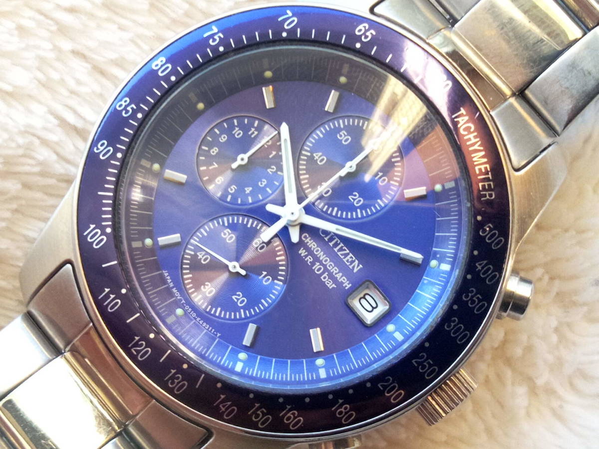 稼働品　CITIZEN　シチズン 0510　オルタナ　クロノグラフ　メンズ腕時計　スピードマスターデザイン　ブルー_画像1