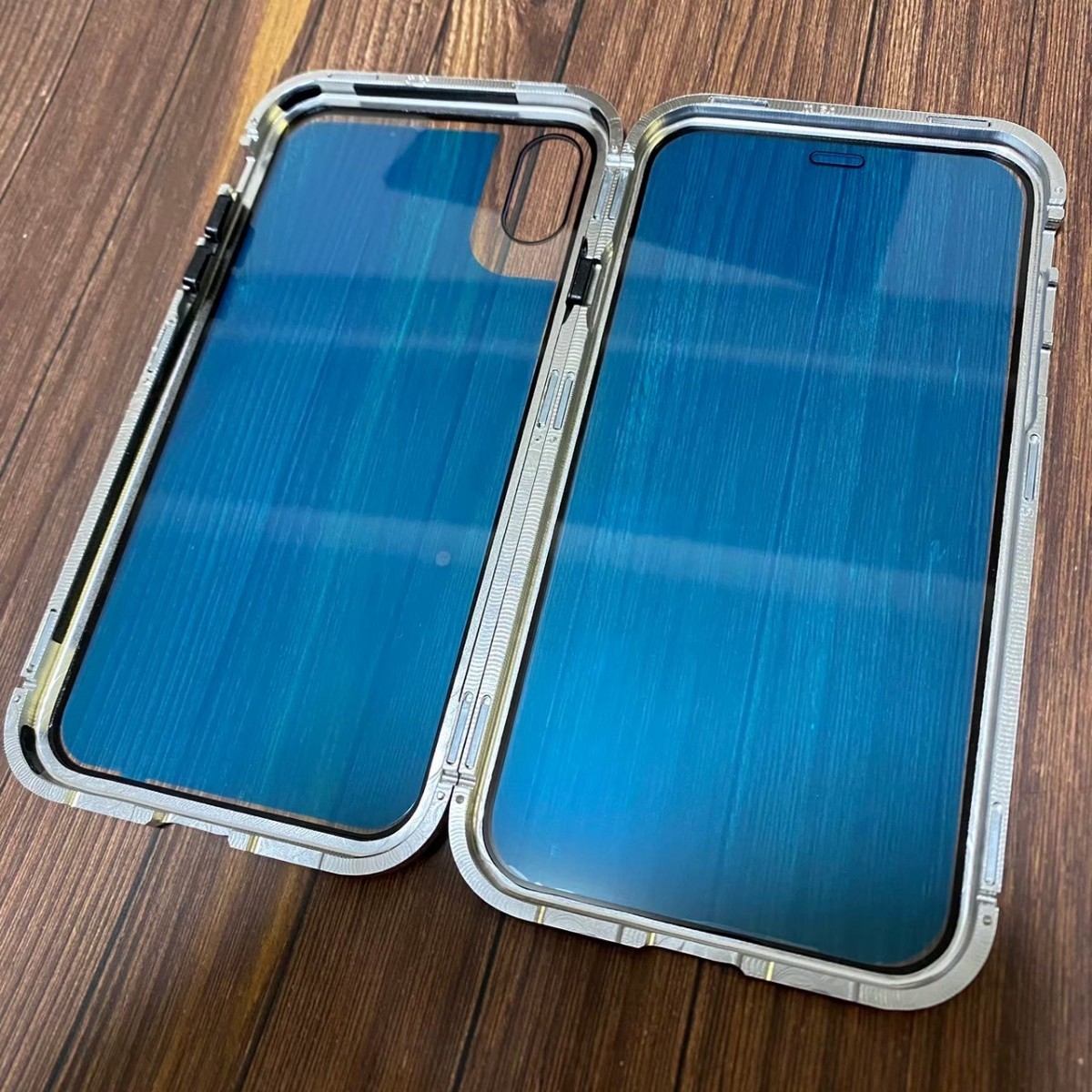 iPhoneケース iPhoneXR シルバー 両面ガラスカバー ガラスケース 磁気吸着 全面保護 アルミフレーム マグネット付き テンアール_画像4