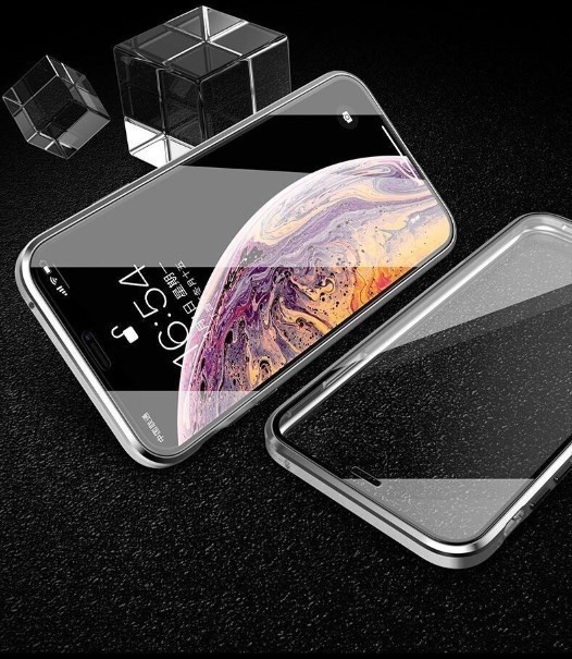 iPhoneケース iPhoneXR シルバー 両面ガラスカバー ガラスケース 磁気吸着 全面保護 アルミフレーム マグネット付き テンアール_画像3