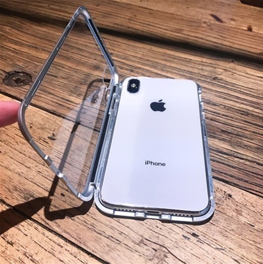 iPhoneケース iPhoneXR シルバー 両面ガラスカバー ガラスケース 磁気吸着 全面保護 アルミフレーム マグネット付き テンアール_画像2