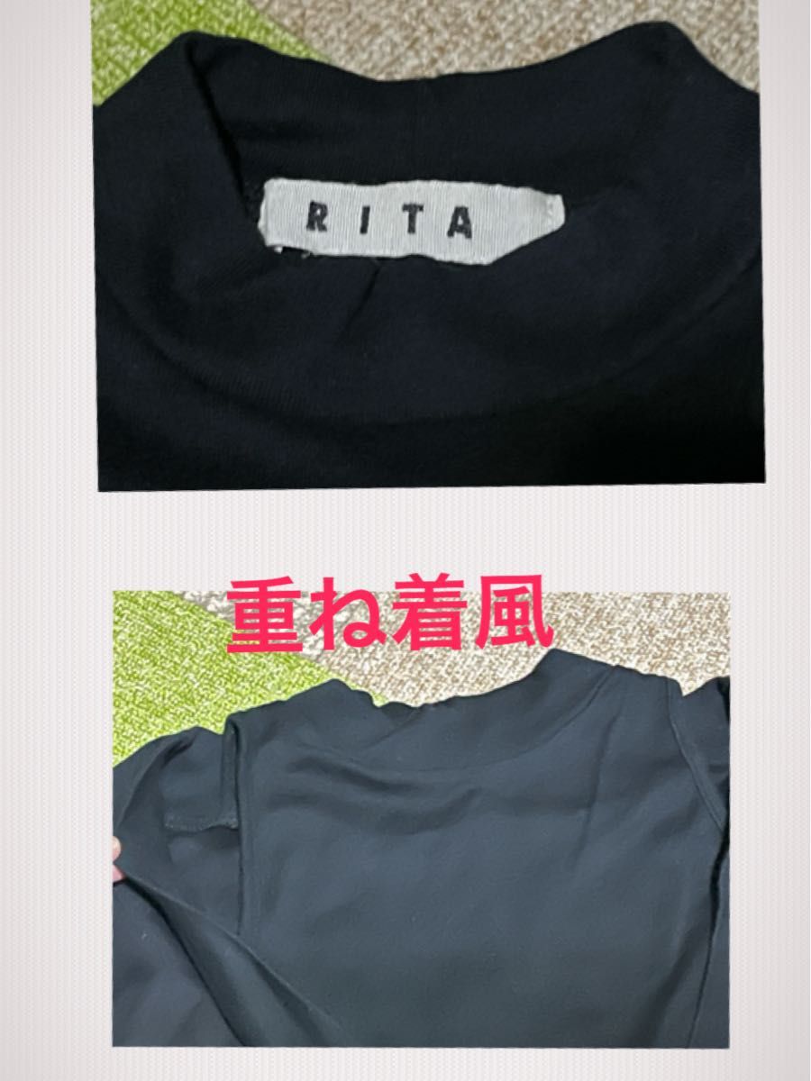 未使用 RITA (リタ) ハイネック 重ね着風 カットソー サイズM～L相当 黒 肌見せ レイヤード 半袖 トップス カジュアル