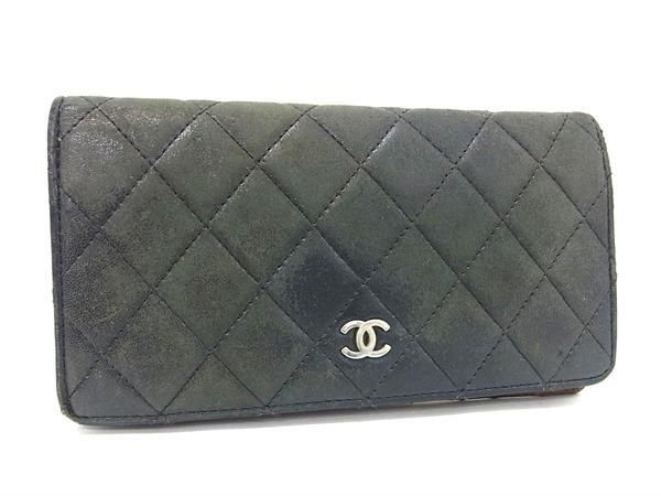 1円 CHANEL シャネル ココマーク マトラッセ ラムスキン 二つ折り 長財布 ウォレット 小銭入れ 札入れ レディース ブラック系 AX0635_画像1