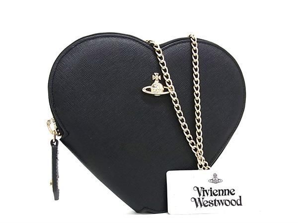 1円 ■美品■ Vivienne Westwood ヴィヴィアンウエストウッド オーブ レザー ハート チェーン ショルダーバッグ ブラック系 AS9538_画像1