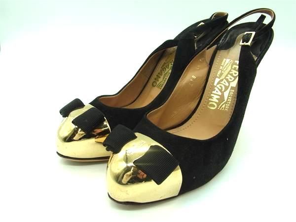 Salvatore Ferragamo フェラガモ ヴァラリボン スエード ヒール パンプス サイズ 61/2(約24.0cm) 靴 シューズ ブラック系 DD5630_画像1