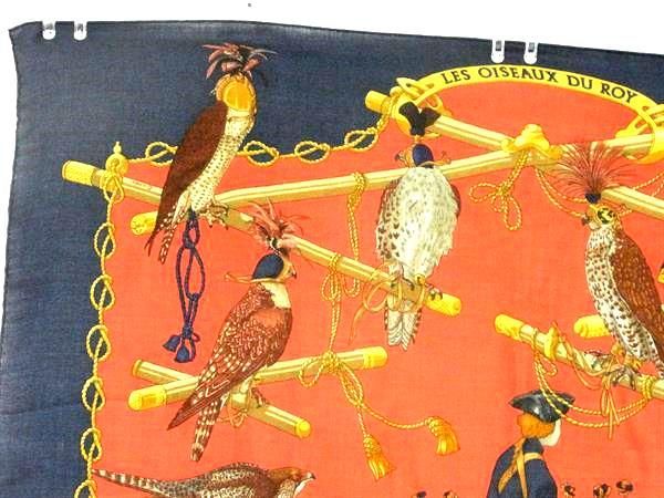 1円 HERMES エルメス LES OISEAUX DU ROY【王の鳥たち】カレ90 シルク100% 大判 スカーフ ストール ショール ネイビー系 BE8906_画像2