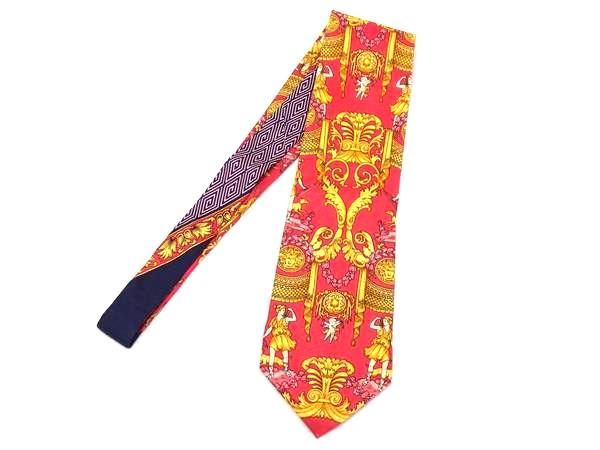 1円 ■美品■ GIANNI VERSACE ジャンニ ヴェルサーチ シルク100% ネクタイ ビジネス 紳士 メンズ レッド系×ゴールド系 BG6671_画像1