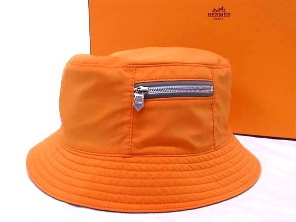 ■新品■未使用■ HERMES エルメス ナイロン シルバー金具 バケットハット 帽子 表記サイズ 60 オレンジ系 AS4553
