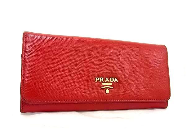 1円 ■美品■ PRADA プラダ サフィアーノレザー 二つ折り 長財布 ウォレット 小銭入れ 札入れ レディース レッド系 FA0632_画像1