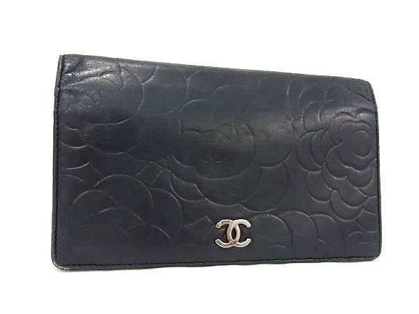 1円 CHANEL シャネル ココマーク カメリア ラムスキン 二つ折り 長財布 ウォレット 小銭入れ 札入れ レディース ブラック系 AW3165_画像1