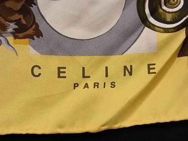 1円 ■美品■ CELINE セリーヌ シルク100% 総柄 大判 スカーフ ストール ショール レディース イエロー系×マルチカラー AU8930_画像4