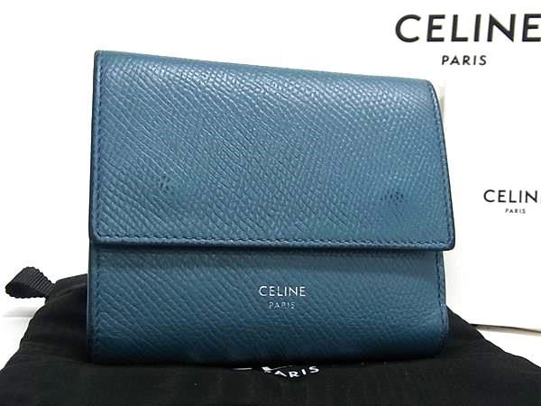 1円 CELINE セリーヌ スモール トリフォールド レザー 三つ折り 財布 ウォレット 小銭入れ 札入れ レディース ブルー系 AV5271_画像1