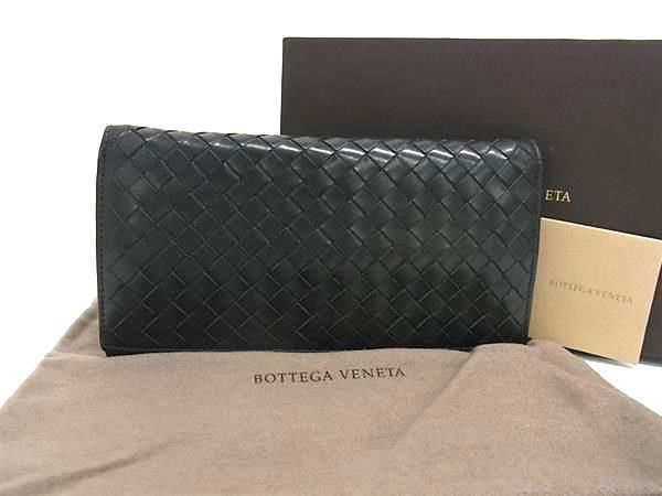 1円 BOTTEGA VENETA ボッテガヴェネタ イントレチャート レザー 二つ折り 長財布 ブラック系 FA0928_画像1