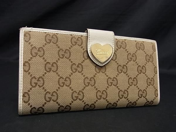 1円 GUCCI グッチ 203550 GG柄 GGキャンバス×レザー 二つ折り ハート 長財布 ウォレット 小銭入れ 札入れ レディース ベージュ系 AV6880_画像1