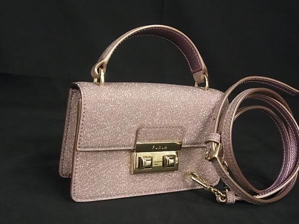 1円 ■新品同様■ FURLA フルラ ベラ レザー ラメ 2WAY クロスボディ ハンドバッグ ショルダー 斜め掛け レディース ピンク系 FA0433_画像1