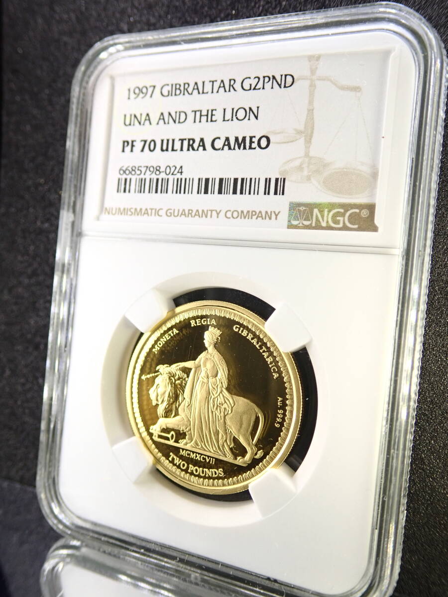 【最高鑑定！】PF70UC 4年振りの出品！世界で11枚！世界一美しい金貨 ウナとライオン イギリス ジブラルタル2ポンド 1997年 エリザベス NGCの画像4