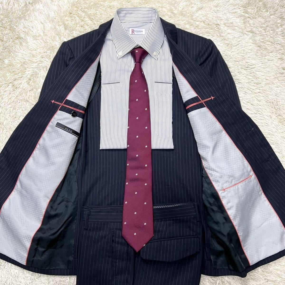 【シルク混】 P.S.FA パーフェクトスーツファクトリー COLLECTION MODEL ウール スーツ セットアップ ストライプ ダークネイビー 濃紺 Y5 _画像3